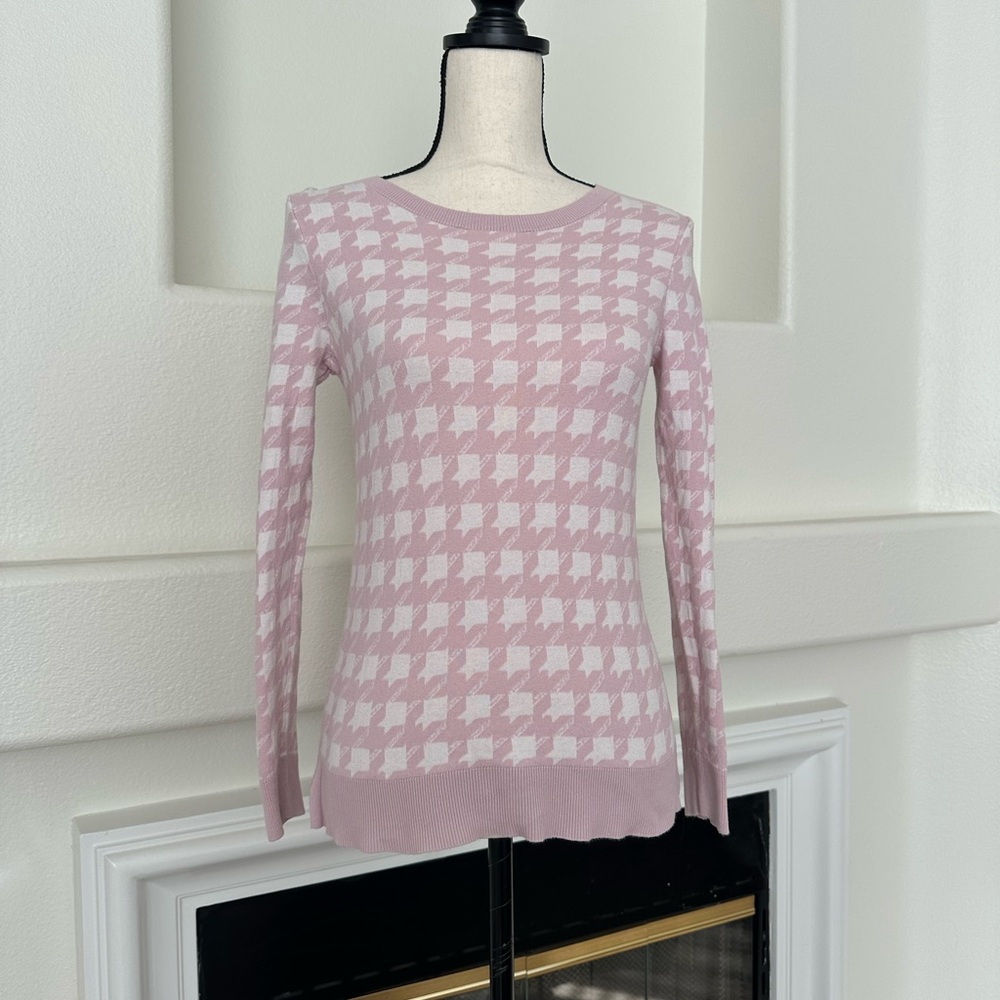 LOFT Outlet 100% Cotton Light Pink and White Houndstooth Knit Top Size SP Petite